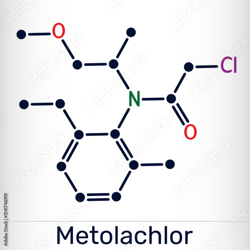 Metolachlor molecule. Chloroacetanilide herbicide used for pre-emergent weed control in agriculture