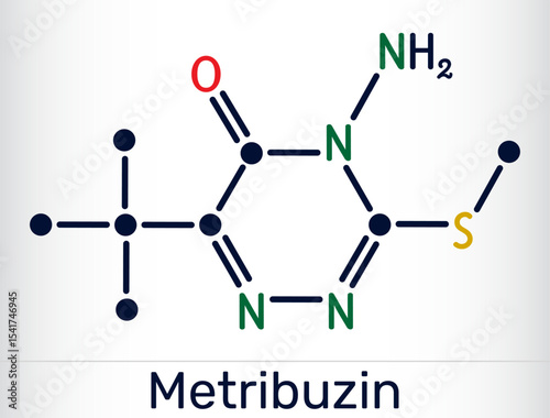Metribuzin molecule. Triazinone herbicide used in agriculture for broadleaf weed control