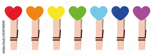 Colorful Heart Clothespins in Rainbow Order Isolated on White Background. Love, Valentine's Day, DIY Decor, Cute Wooden Pegs for Cards and Crafts