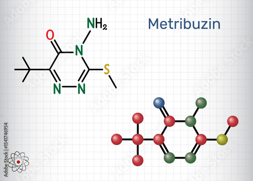 Metribuzin molecule. Triazinone herbicide used in agriculture for broadleaf weed control. Sheet of paper in a cage