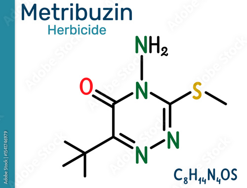 Metribuzin molecule. Triazinone herbicide used in agriculture for broadleaf weed control