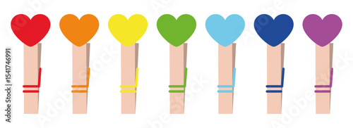 Rainbow Heart Clothespins Set. Colorful Wooden Pegs with Love Symbols in Colors Isolated for Valentine's Day, DIY Crafts, Decor, and Creative Design Projects