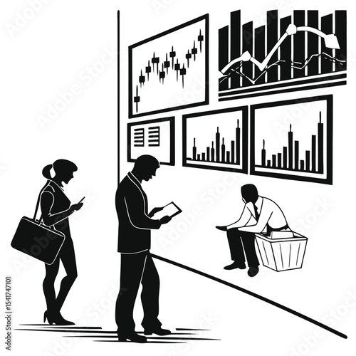 Financial Analysis Scene with Traders Observing Stock Market Charts and a Disappointed Analyst Amidst Declining Trends