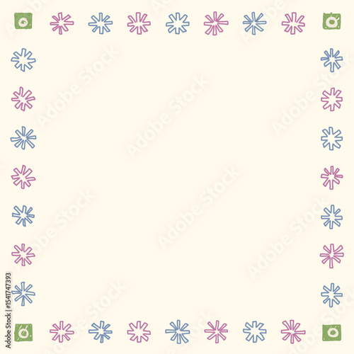 Blank square frame consists of various pastel asterisk shapes childish hand drawn style on cream background graphic illustration.