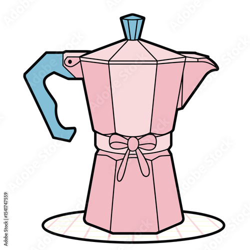 Pink Moka Pot with Blue Handle and Bow – Cute Vector Kitchenware
