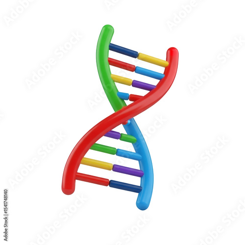 Colorful DNA Model Structure on Transparent Background, Conceptual Genetic Illustration. 3D Rendering Molecule Helix for Medical and Scientific Visualization Purposes.