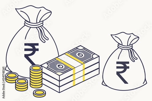 Indian Rupee Wealth Depicted in Isometric Illustration featuring Bags of Cash, Stacks of Banknotes, and Piles of Coins