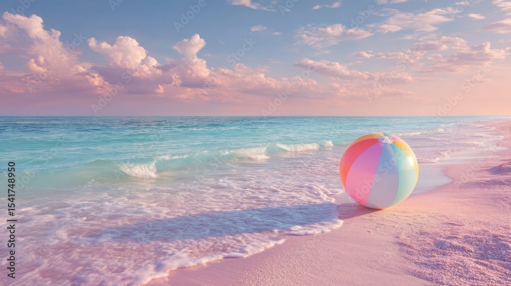Obraz premium Tranquil Coastal Beauty: Playful Beach Ball Amid Soft Waves at Pink Sunset