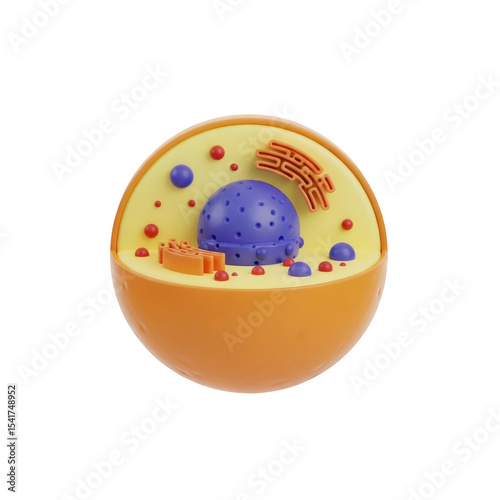 Detailed 3D Render of Eukaryotic Cell Structure on Transparent Background Showcasing Organelles, Nucleus, and Cellular Components for Educational and Scientific Purposes