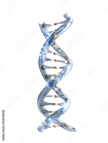 A futuristic 3D DNA helix strand, glowing with a soft blue light, biotechnology and genetic research concept, glass-like material, elegant and scientific, isolated on a plain white background 