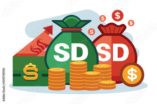 Savings and Investment Illustration with Money Bags, Coins and Rising Graph Depicting Financial Success and Wealth Accumulation Strategy