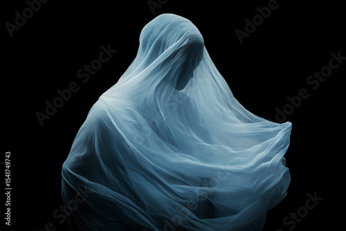 Ethereal figure enveloped in flowing fabric creates a mystical atmosphere in a dark setting