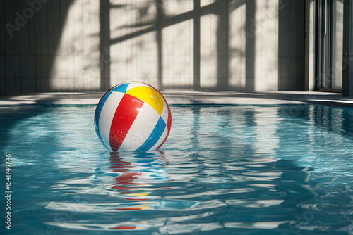 Brightly colored beach ball floating in a serene indoor pool during a sunny afternoon