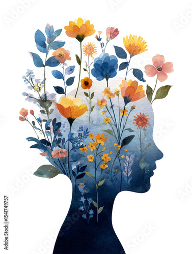 Profile of a human head in silhouette, with vibrant flowers and plants growing from the top, concept of mental health, growth, and wellbeing, watercolor illustration style