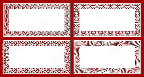 Set of forms with an openwork edge. Rectangular sheet, certificate, blank for a card, invitation, congratulations. Copy space, empty space for text. Template for plotter laser cutting of paper, cnc.