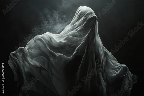 Ethereal figure shrouded in mist creates a haunting atmosphere in a darkened space