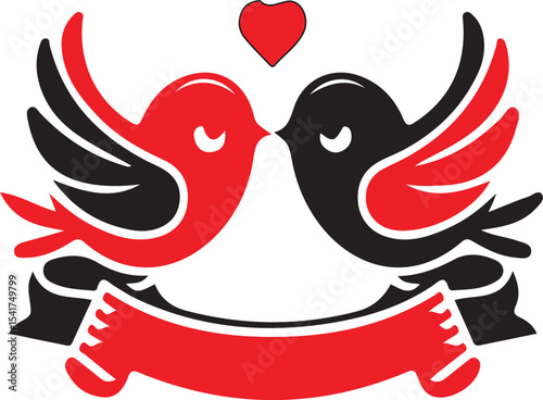 Two stylized birds facing each other with a heart above them and a banner below them in red and black