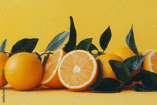 Fresh oranges with vibrant leaves arranged on a bright yellow background in a natural setting