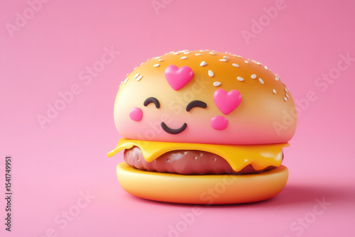 Cute smiling burger with hearts on pink background illustrating joy and fun in food