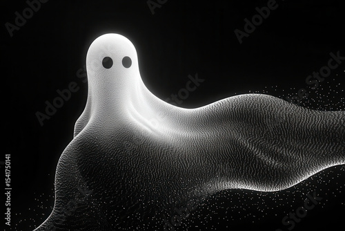 Floating ghost figure made of light particles in an abstract dark environment during a digital art exhibition