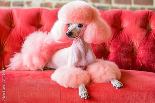Elegant dog resting on a bright red couch with fluffy pink grooming