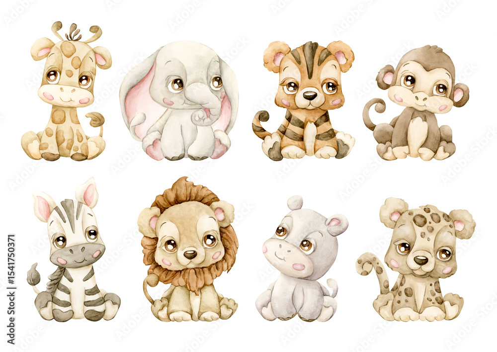 Fototapeta premium Cute Tropical Safari animals Adorable African wildlife Giraffe Hippo Monkey Elephant Lion Watercolor isolated illustration