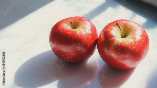 Fresh red apples resting on a sunlight-drenched countertop in a bright kitchen setting