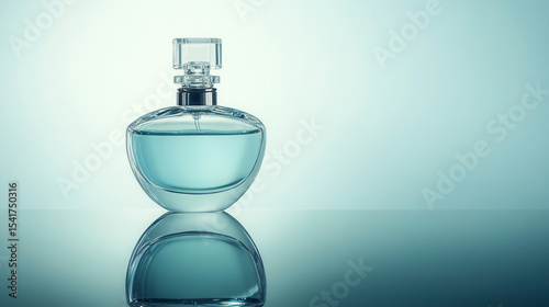 Elegant glass perfume bottle reflecting soft light on a smooth surface in a serene setting