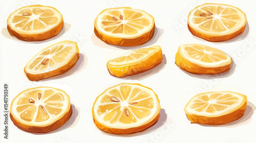 Slices of fresh lemon arranged neatly in a vibrant pattern on a bright background
