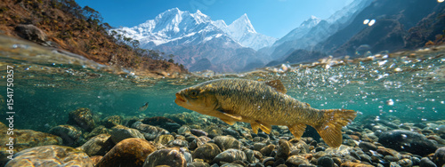 Rare golden fish swims gracefully in crystal clear waters of Himalayan river, surrounded by stunning mountain scenery