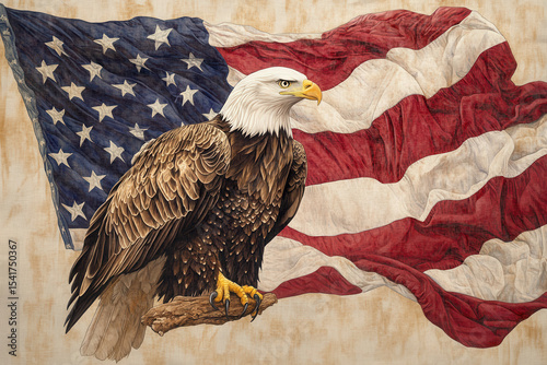 Eagle perched on branch in front of waving American flag showcasing national pride and freedom
