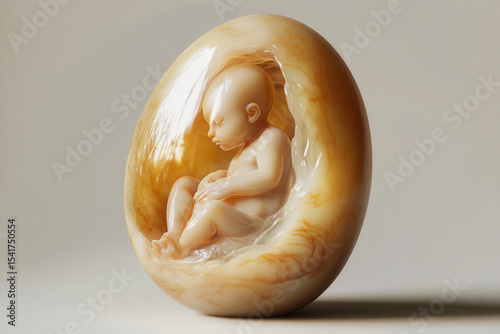Intricate sculpture of a human figure inside an egg-shaped shell made from translucent material