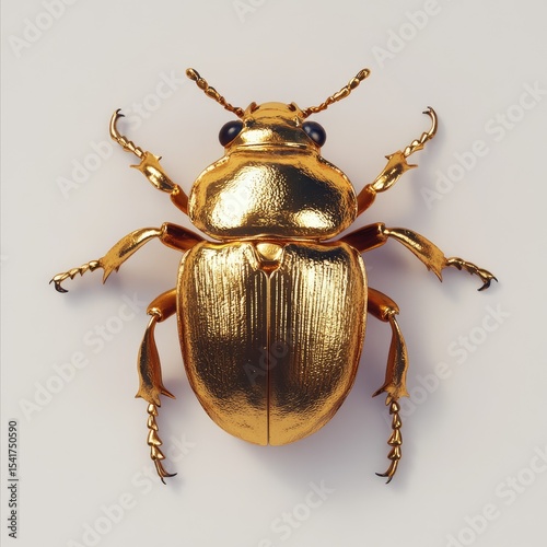 A detailed, overhead view of a golden beetle.  Highly polished, metallic golden hue covers the entire insect.  Sharp, detailed features, including legs, antennae, and eyes, are clearly visible against