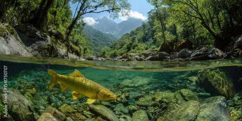 Rare golden fish swims gracefully in crystal clear Himalayan river, surrounded by lush greenery and majestic mountains