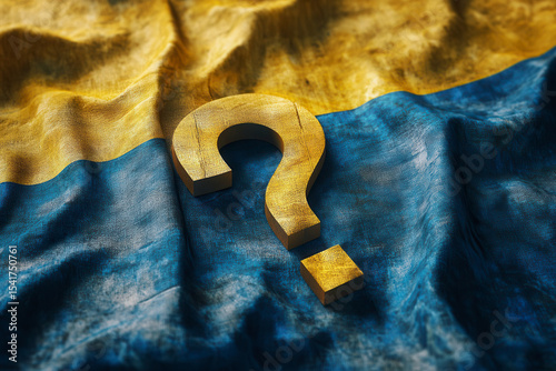 Question mark rests on the wrinkled flag showcasing the vibrant blue and yellow colors in a creative representation of curiosity