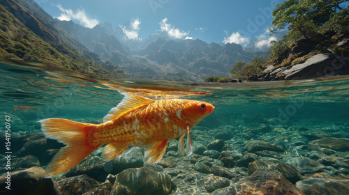 Rare golden fish swims gracefully in crystal clear Himalayan river, surrounded by stunning mountain scenery