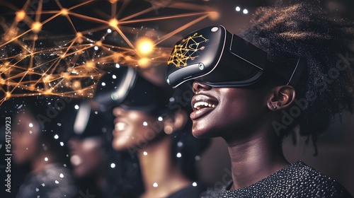 Excited Young Women Engaging with Virtual Reality Technology