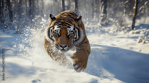 Majestic tiger running through snowy forest in winter morning light