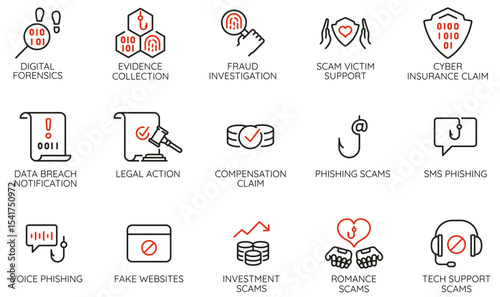 Vector Set of Linear Icons Related to Cybersecurity, Data Protection, Privacy Regulations, Phishing for Websites, Apps, Presentations, Infographics, IT Security Campaigns - part 3