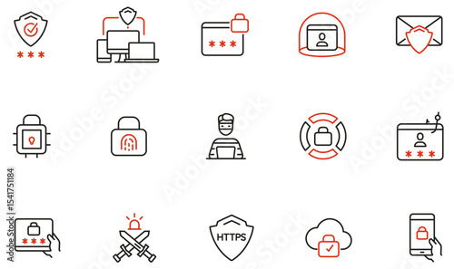 Vector Set of Linear Icons Related to Cybersecurity, Cloud Security, Hacker Threats, Phishing for Data Protection and Information Security - part 4