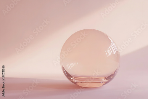 Soft pink glass sphere resting on a light surface with gentle lighting creating shadows