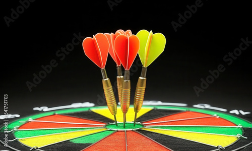Darts with heart-shaped tips on a colorful dartboard taken in a well-lit indoor setting
