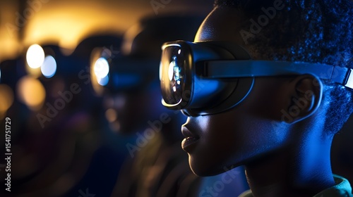 Young Boy Enjoys Virtual Reality Experience in Dimly Lit Room