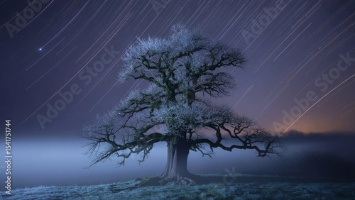 Majestic tree silhouetted against star trails and a misty twilight landscape