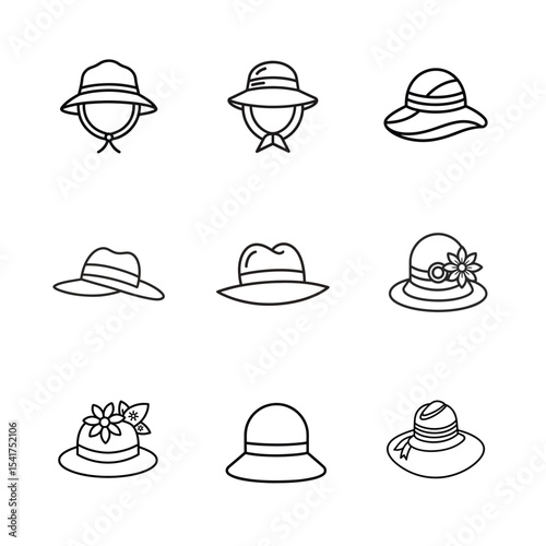 Summer hat outline icon set vector illustration