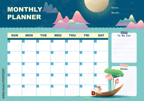 Monthly planner with serene moonlit lake, pastel mountains, blooming lotus and a bunny on a boat. Includes to-do list, notes section and ample writing space—perfect for organized monthly planning.