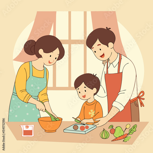  Happy Family Cooking Together in Kitchen
