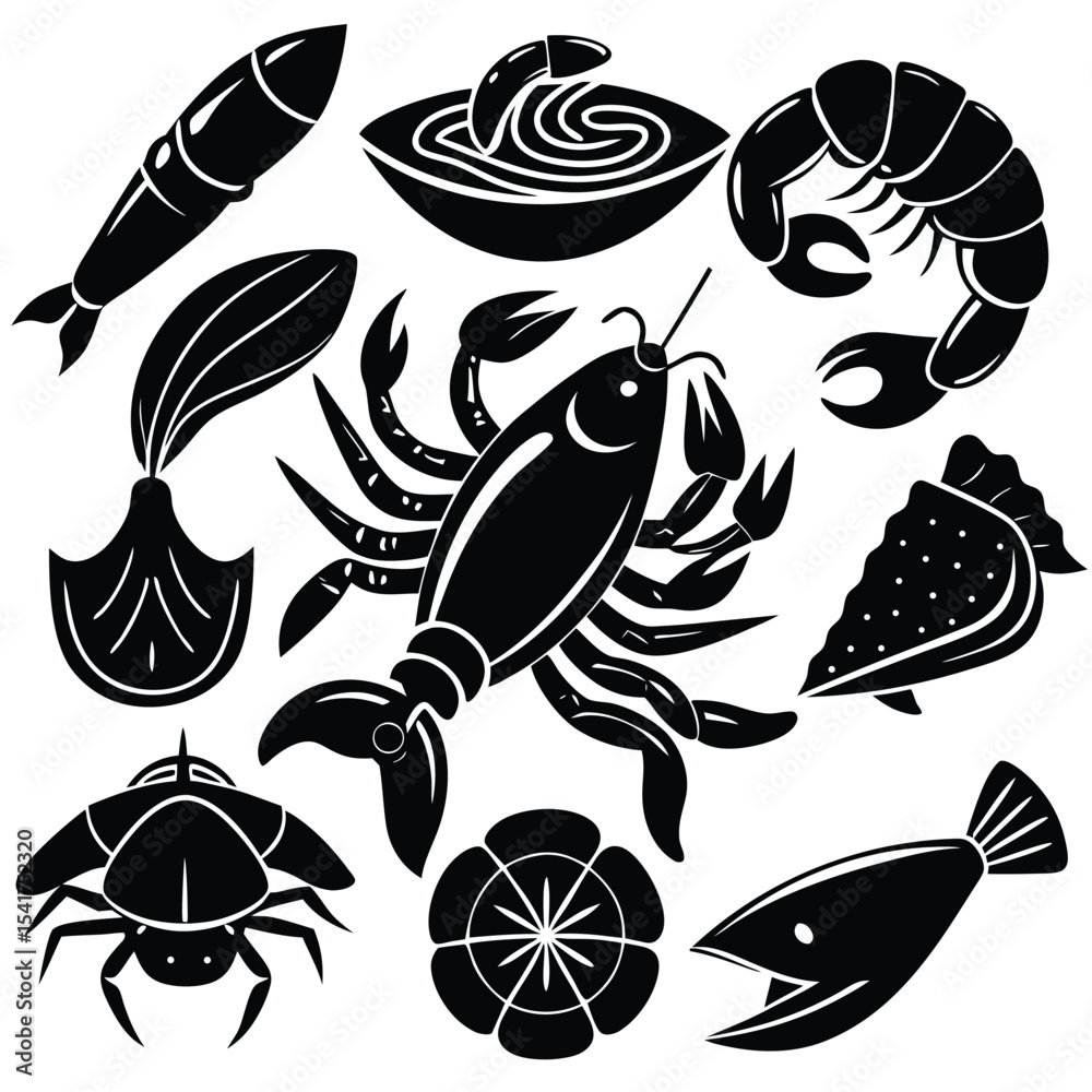 Obraz premium fish art, seafood black silhouette, white background, monochrome illustration, stylized fish, seafood icon, fish set, Seafood Illustration Bundle