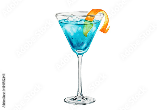 Blue Lagoon Cocktail Watercolor Illustration - Refreshing Summer Drink clipart watercolor png, isolated on transparent background