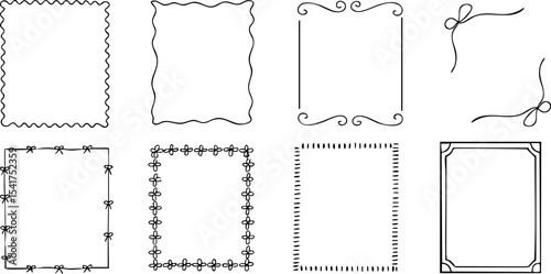Set of 8 hand-drawn decorative frames in various styles including floral, ribbon, and minimalist borders. Perfect for invitations, menus, and greeting cards. Vector EPS 10